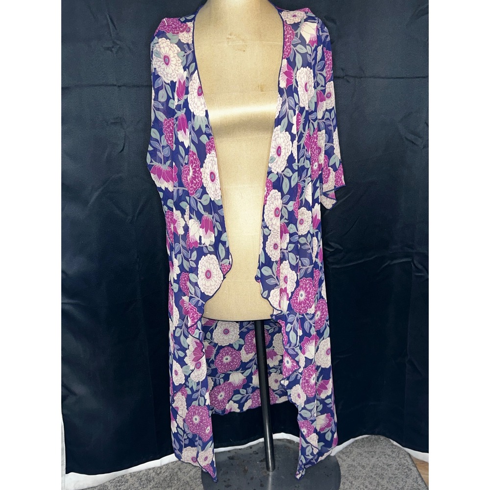LuLaRoe Lindsay Kimono Cardigan Small Navy Purple Floral‎ Open Front Sheer Wrap
